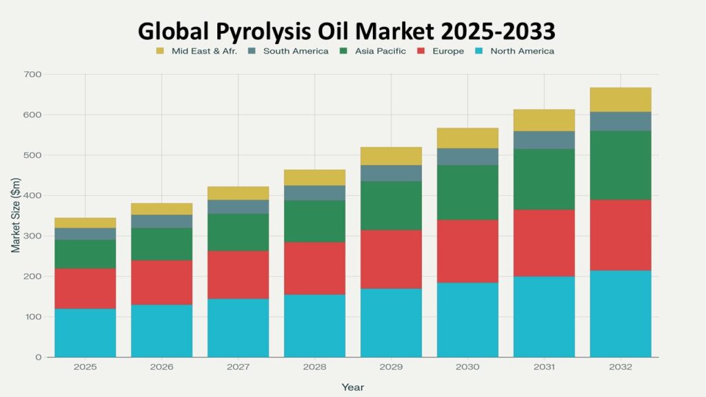 Stacked bar chart titled Global Pyrolysis Oil Market 2025-2033 showing market size in million dollars ($m) across regions. Each bar represents a year from 2025 to 2032, indicating steady market growth. The regions represented are: North America (light blue), Europe (red), Asia Pacific (green), South America (grayish blue), and Middle East & Africa (yellow).
