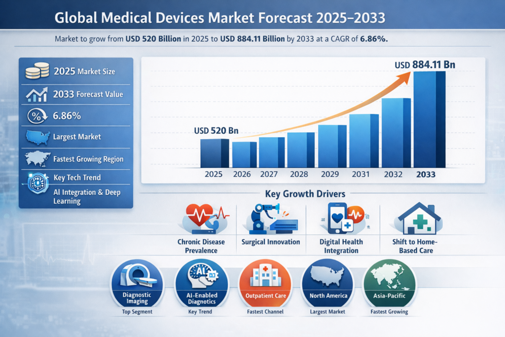 The global medical devices market comprises a broad spectrum of technologies used to diagnose, monitor, treat, and manage disease and injury.