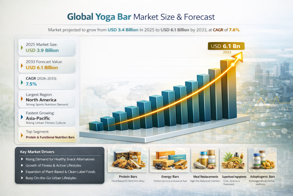 Global Yoga Bar Market is buzzing. Yoga bars are trending – healthy, nutritious, and convenient – packing protein, fiber, and vitamins for fitness buffs, pros, and health lovers on-the-go.