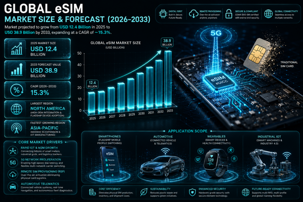 The eSIM market is a key segment of the global telecommunications and connected devices ecosystem. It supports seamless connectivity across smartphones, tablets, laptops, wearables, smart meters, automotive systems, and IoT-enabled industrial devices.