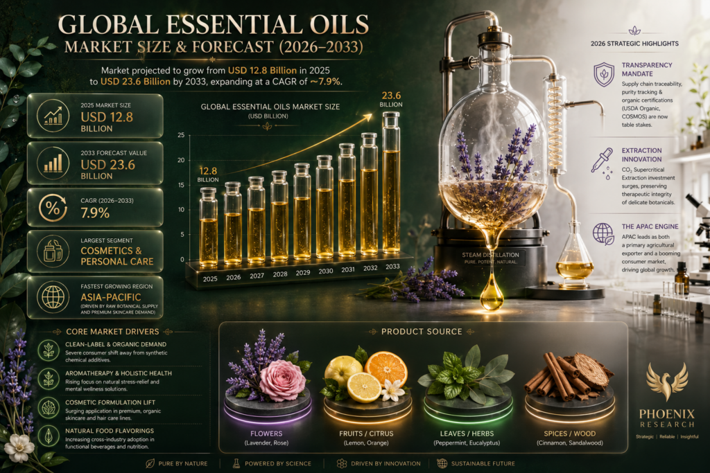 The essential oils market is a key segment of the global natural ingredients, wellness, and personal care industry. These oils are derived from botanical sources such as lavender, peppermint, eucalyptus, tea tree, lemon, rosemary, orange, and chamomile.