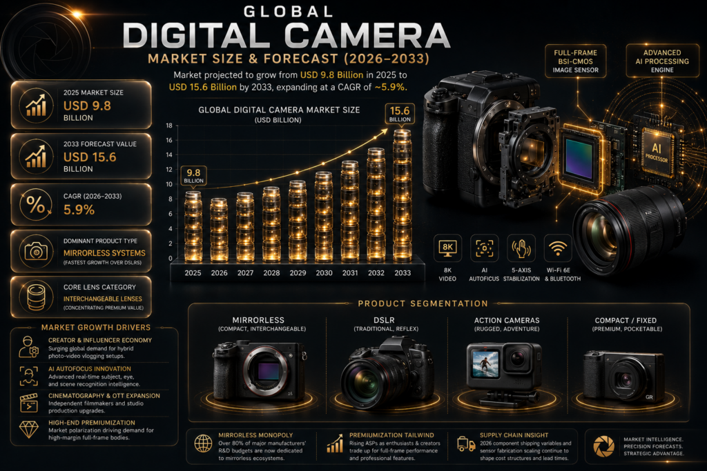 The digital camera market forms a key segment of the global consumer electronics and imaging technology industry.