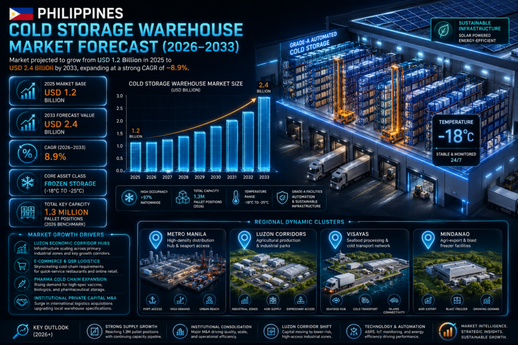 The Philippines cold storage warehouse market forms an important segment of the country’s logistics, food processing, and supply chain infrastructure industry.