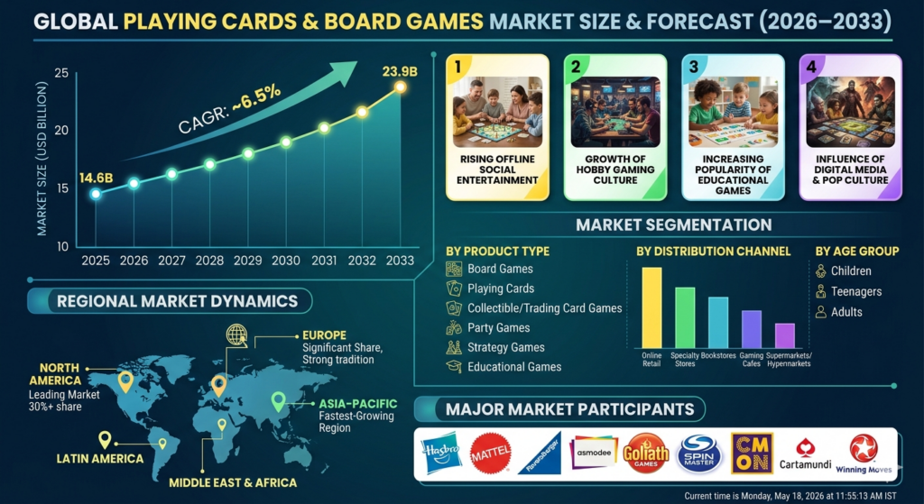 The playing cards and board games market represents a key segment of the global toys, games, and entertainment industry. It includes both mass-market casual games and premium hobbyist tabletop games that cater to children, families, and adult gaming communities.