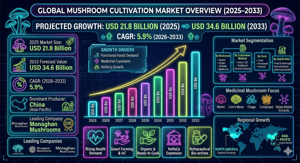 The mushroom cultivation market encompasses the production, processing, and distribution of edible and medicinal mushrooms across commercial farming systems.