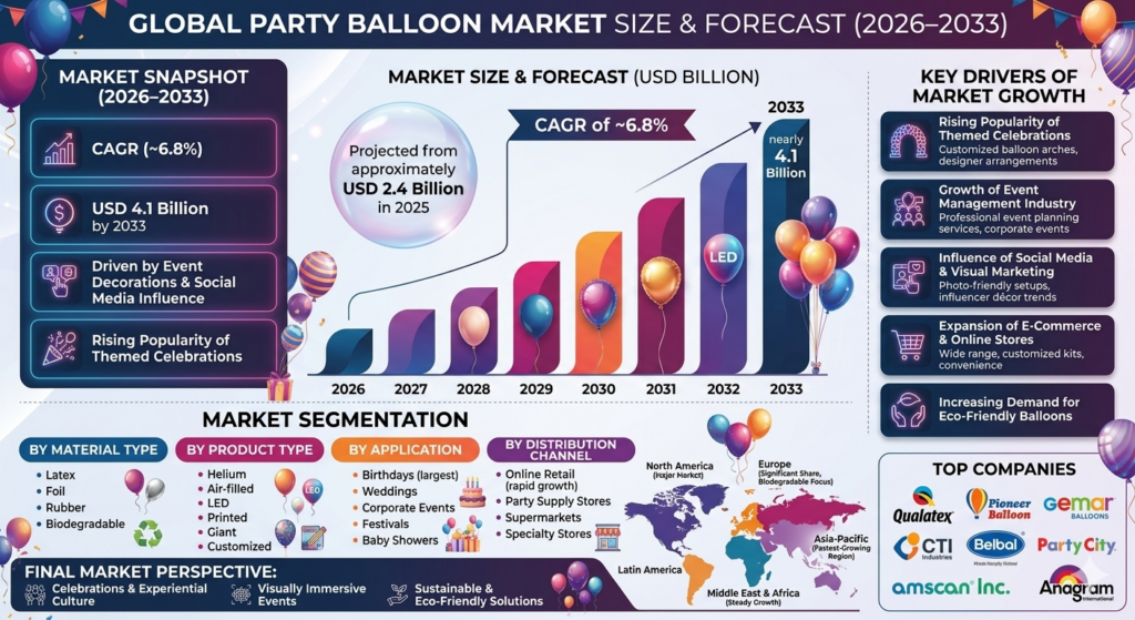 The party balloon market forms a key segment of the global party supplies and event decoration industry. Balloons are widely used across birthdays, weddings, baby showers, anniversaries, graduation parties, festivals, promotional events, and corporate celebrations.