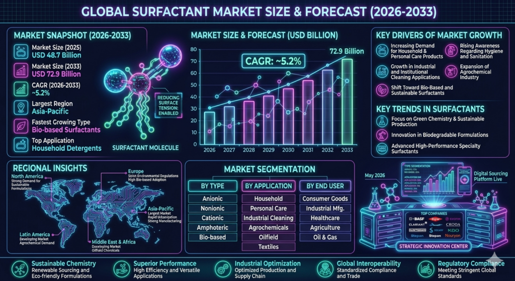 The surfactant market forms a critical segment of the global specialty chemicals industry. Surfactants are extensively utilized in household detergents, shampoos, soaps, cosmetics, pharmaceuticals, food processing, agriculture, paints & coatings, textile processing, and enhanced oil recovery operations.