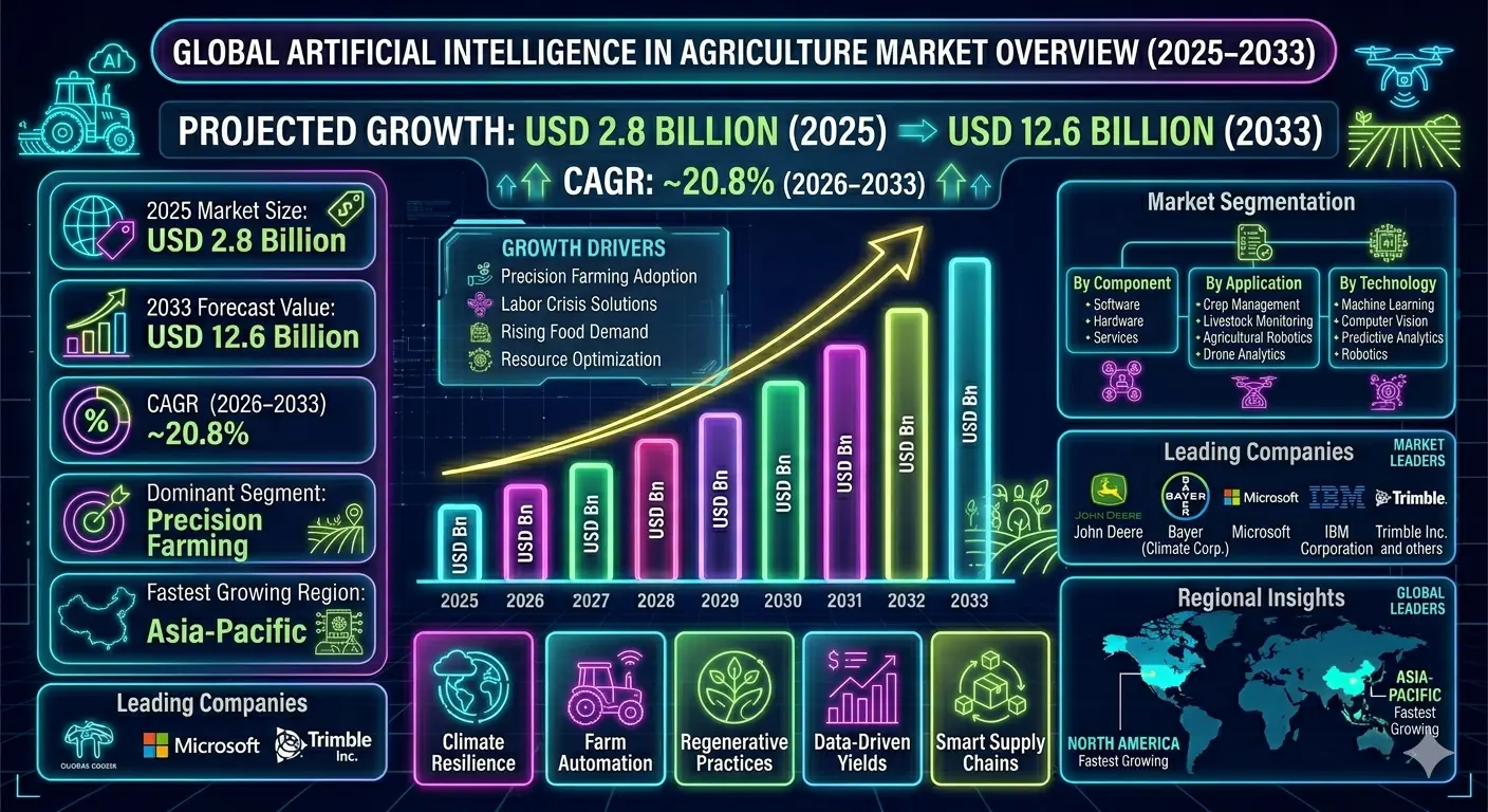 The AI in agriculture market represents the integration of advanced computational technologies with traditional farming systems to improve productivity, sustainability, and profitability.