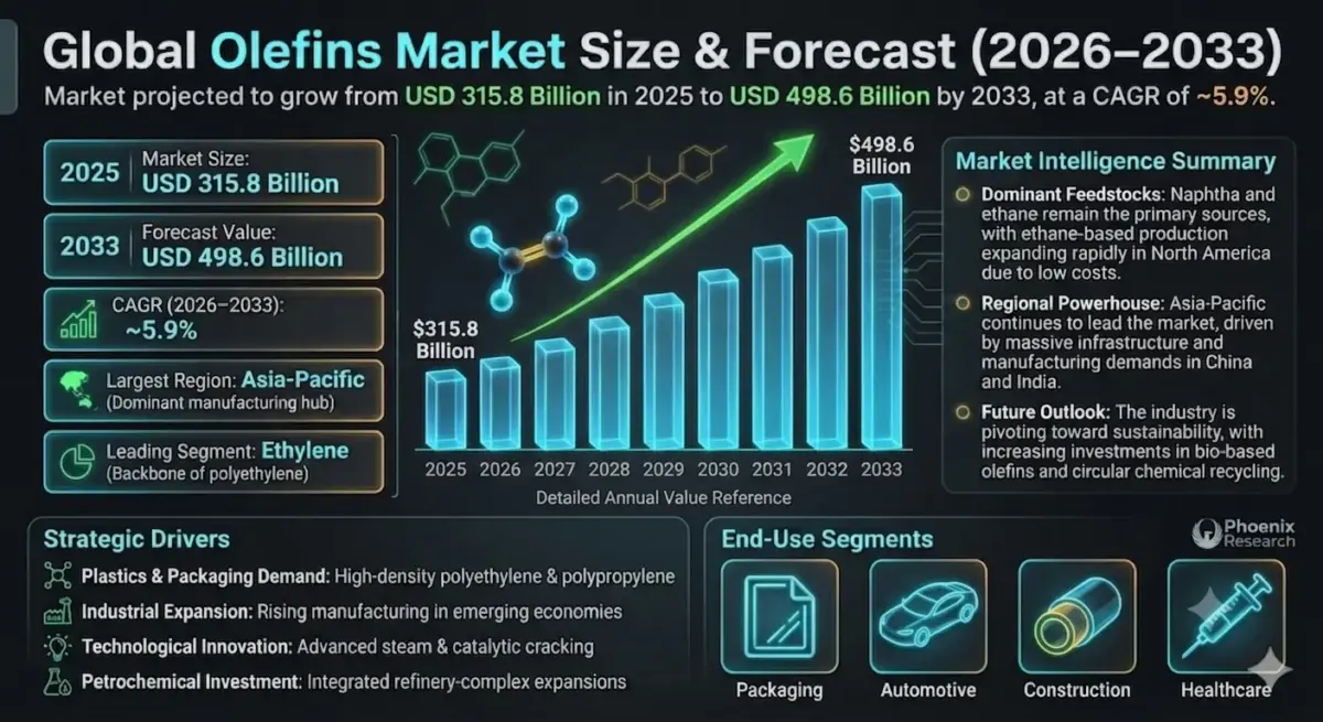 The global olefins market is projected to witness substantial growth during the forecast period from 2026 to 2033. The market was valued at approximately USD 315.8 billion in 2025 and is expected to reach nearly USD 498.6 billion by 2033, expanding at a CAGR of around 5.9%.