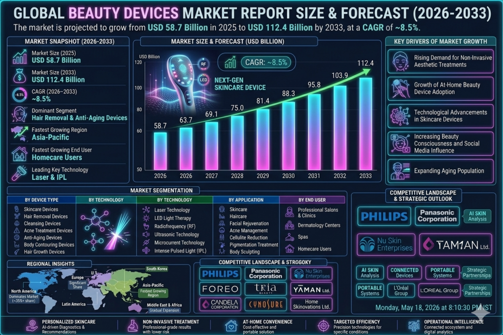 The beauty devices market forms an important segment of the global personal care, medical aesthetics, and wellness technology industries. These devices provide consumers with professional-grade skincare and cosmetic treatment solutions while minimizing dependency on invasive procedures.