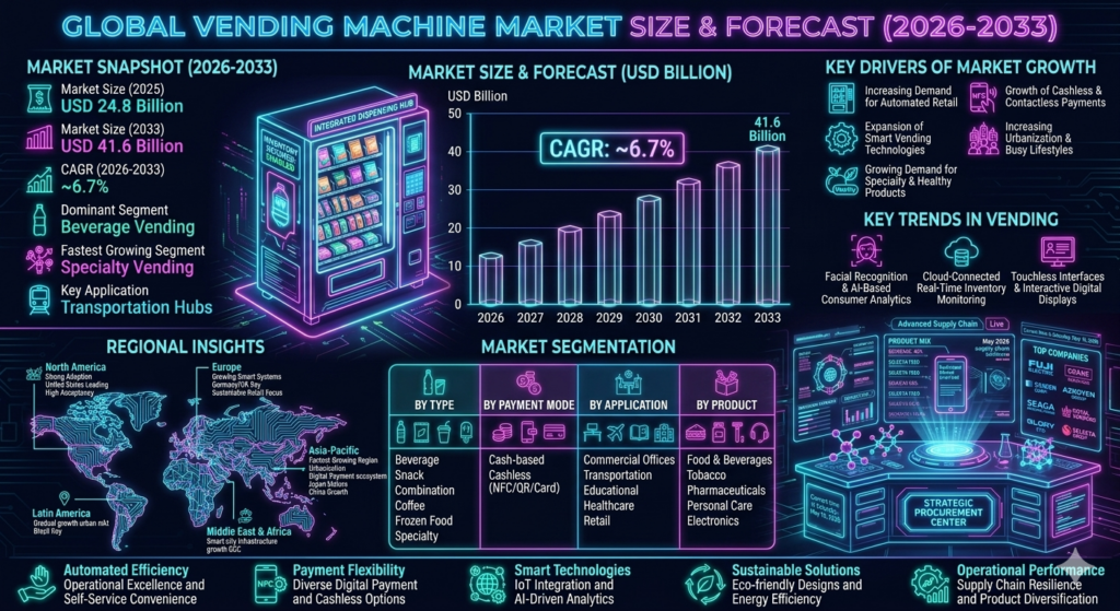 The vending machine market forms an important segment of the global automated retail and self-service technology industry. Vending machines provide fast, convenient, and accessible retail experiences while reducing operational costs associated with traditional staffed retail environments.