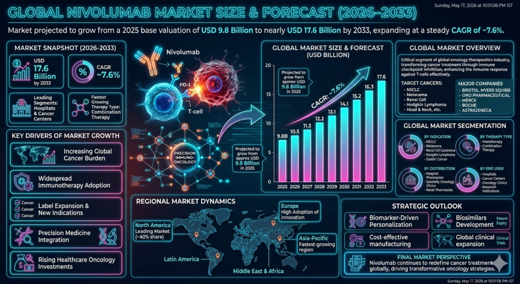 The global nivolumab market is projected to witness substantial growth during the forecast period from 2026 to 2033. The market was valued at approximately USD 9.8 billion in 2025 and is expected to reach nearly USD 17.6 billion by 2033, expanding at a CAGR of around 7.6%.
