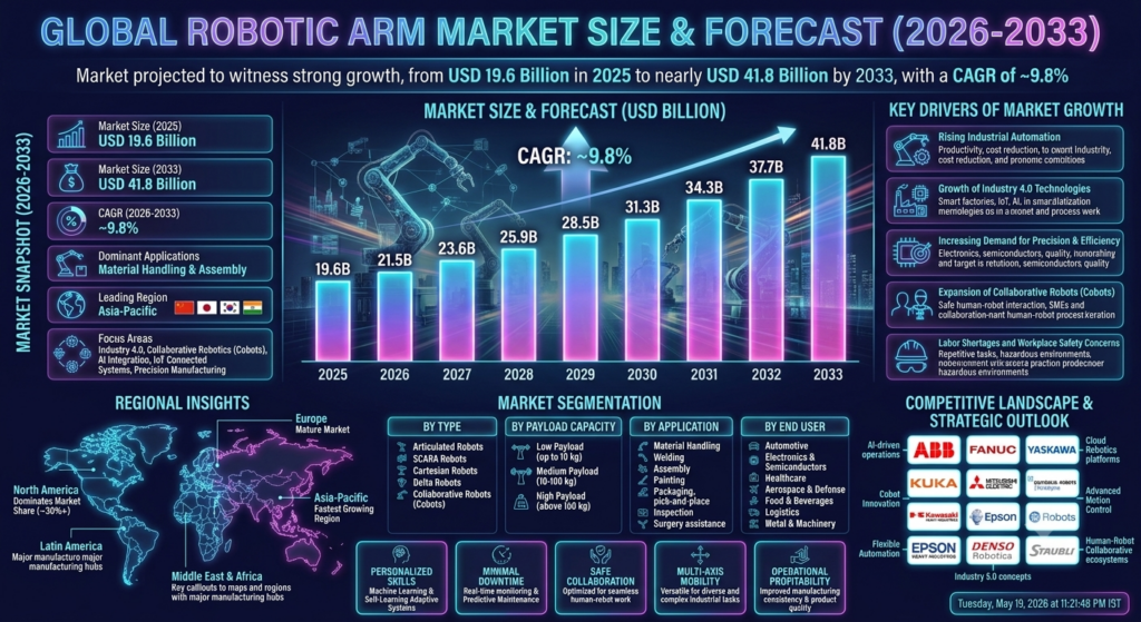 The robotic arm market is a key segment of the global industrial automation and robotics industry. It plays a critical role in enhancing manufacturing efficiency, reducing labor costs, and improving production consistency across multiple sectors.