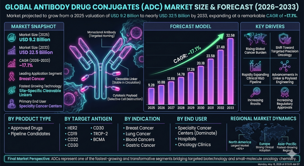 The ADC market represents one of the fastest-growing segments within the global oncology therapeutics industry. These therapies integrate biologics and small-molecule drug chemistry, enabling highly targeted cancer cell destruction through receptor-specific binding.