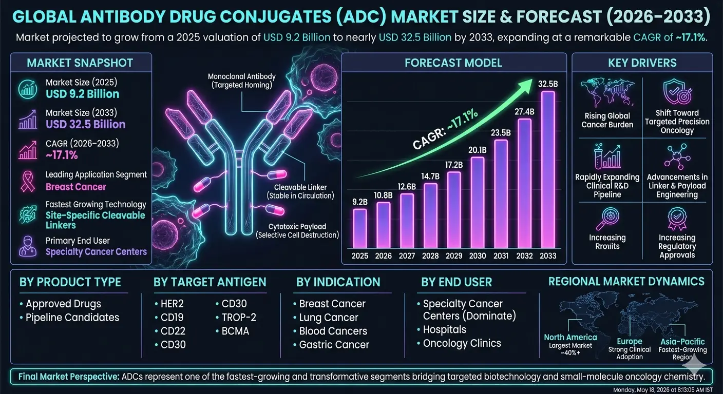 The ADC market represents one of the fastest-growing segments within the global oncology therapeutics industry. These therapies integrate biologics and small-molecule drug chemistry, enabling highly targeted cancer cell destruction through receptor-specific binding.