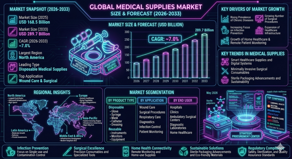 The global medical supplies market is projected to witness strong and long-term growth during the forecast period from 2026 to 2033. The market was valued at approximately USD 168.5 billion in 2025 and is expected to reach nearly USD 289.7 billion by 2033, expanding at a CAGR of around 7.0%.