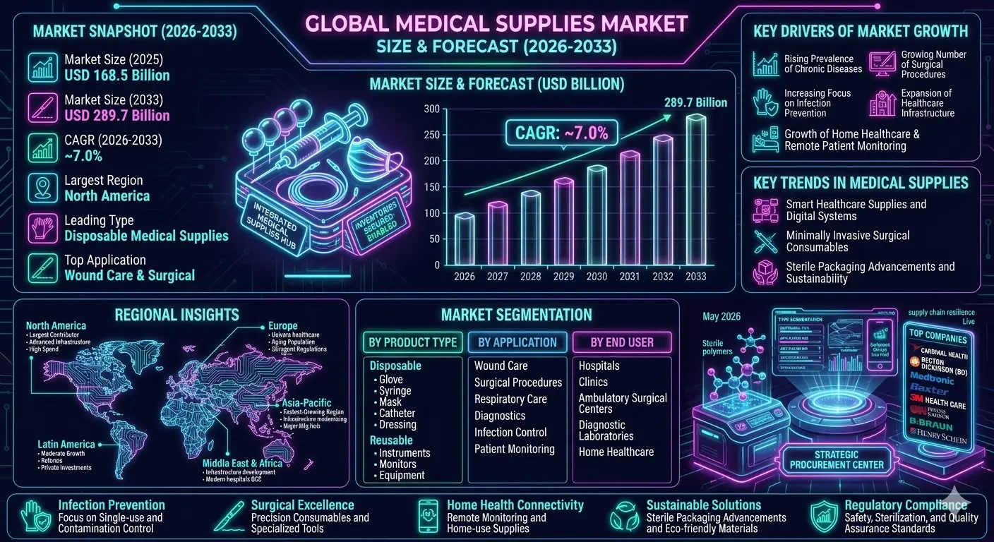 The global medical supplies market is projected to witness strong and long-term growth during the forecast period from 2026 to 2033. The market was valued at approximately USD 168.5 billion in 2025 and is expected to reach nearly USD 289.7 billion by 2033, expanding at a CAGR of around 7.0%.