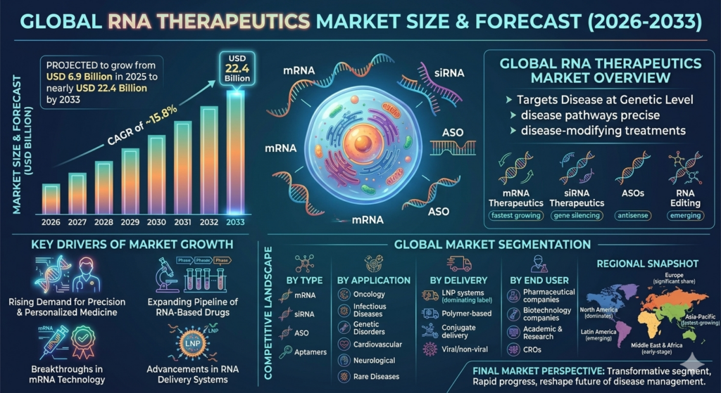 The global RNA therapeutics market is projected to witness rapid and transformative growth during the forecast period from 2026 to 2033. The market was valued at approximately USD 6.9 billion in 2025 and is expected to reach nearly USD 22.4 billion by 2033, expanding at a CAGR of around 15.8%.