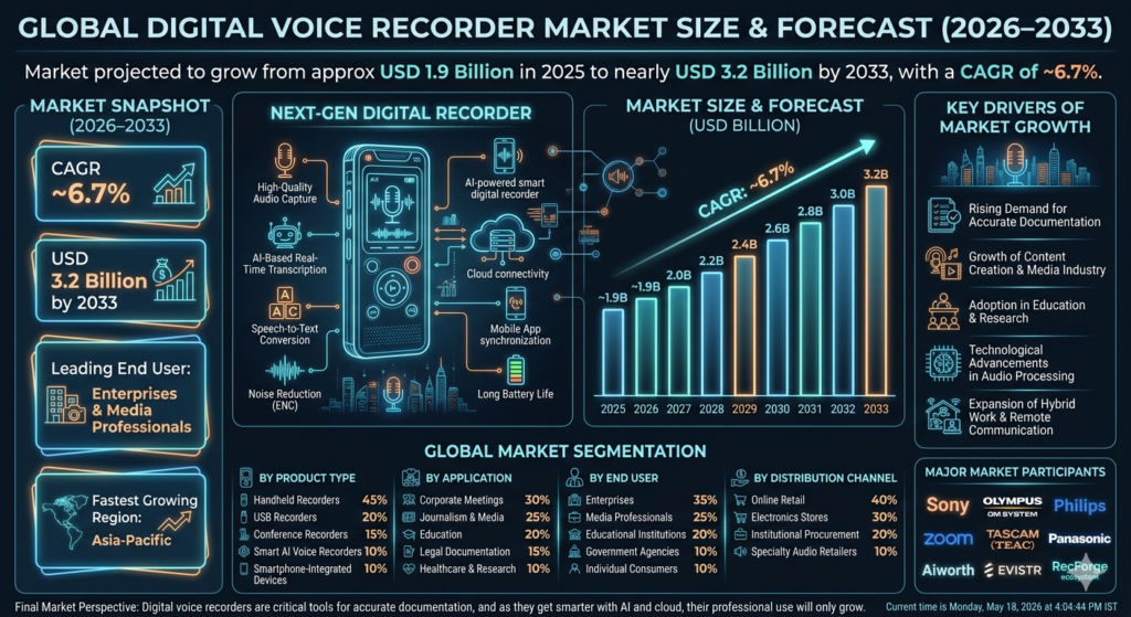 The digital voice recorder market forms an important segment of the global consumer electronics and professional audio equipment industry. These devices are widely used across corporate offices, educational institutions, media organizations, healthcare facilities, and legal environments where accurate voice documentation is essential.