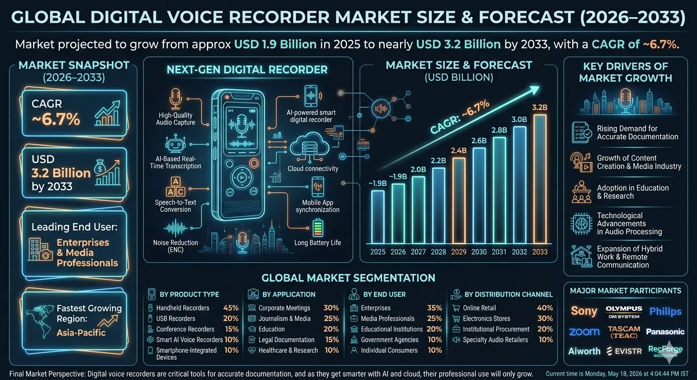 The digital voice recorder market forms an important segment of the global consumer electronics and professional audio equipment industry. These devices are widely used across corporate offices, educational institutions, media organizations, healthcare facilities, and legal environments where accurate voice documentation is essential.