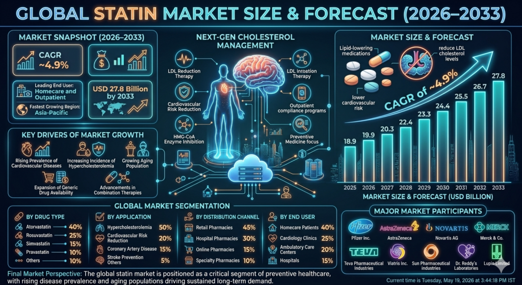 The statin market represents a major segment of the global cardiovascular therapeutics industry. Statins are among the most widely prescribed medications worldwide due to their proven effectiveness in reducing cholesterol levels and cardiovascular risk.