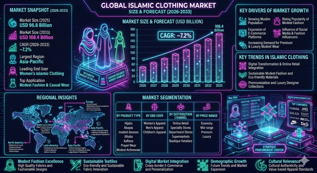 The Islamic clothing market forms an important segment of the global modest fashion industry. It includes traditional attire, modern modest apparel, sportswear, luxury fashion, and religious garments designed for men, women, and children.