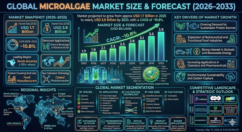 The microalgae market represents an important segment of the global biotechnology, sustainable agriculture, and alternative protein industries. Microalgae are recognized for their high protein content, omega-3 fatty acids, antioxidants, pigments, and bioactive compounds that support diverse industrial applications.