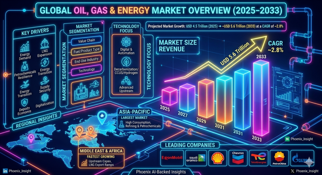 The oil, gas & energy market represents a highly integrated global ecosystem that spans exploration, drilling, production, transportation, refining, petrochemicals, and power generation. It is one of the most capital-intensive and geopolitically influenced industries, with pricing and supply dynamics heavily shaped by international trade policies and production agreements.