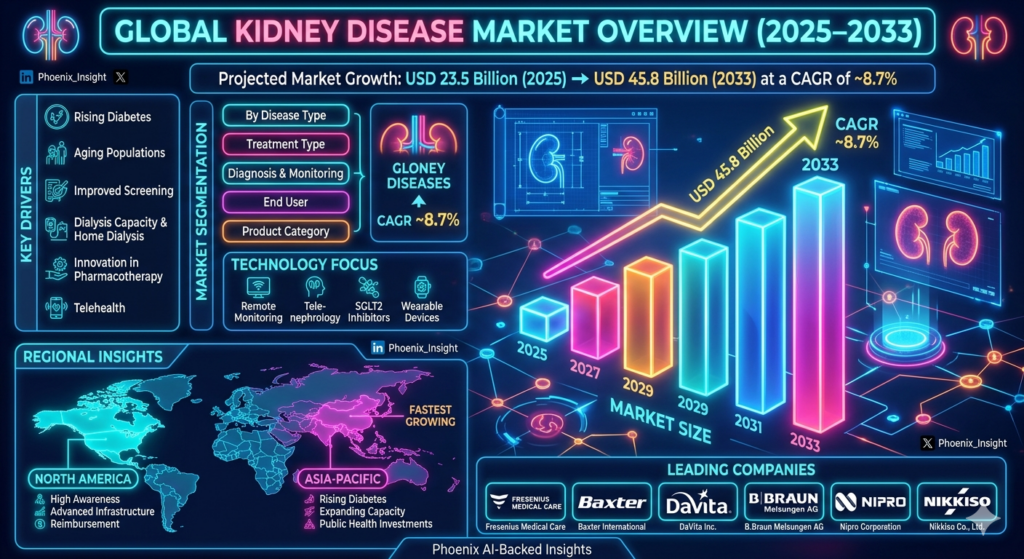 The kidney disease market encompasses a comprehensive healthcare ecosystem designed to manage acute kidney injury (AKI), chronic kidney disease (CKD), and end-stage renal disease (ESRD).