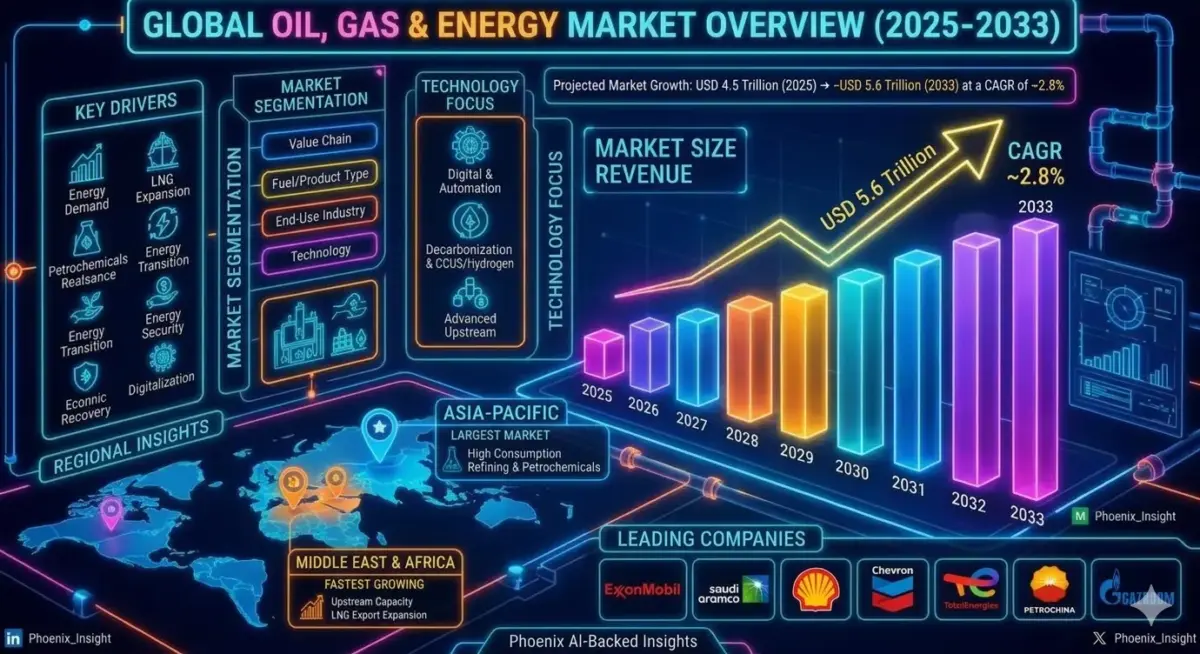The oil, gas & energy market represents a highly integrated global ecosystem that spans exploration, drilling, production, transportation, refining, petrochemicals, and power generation.