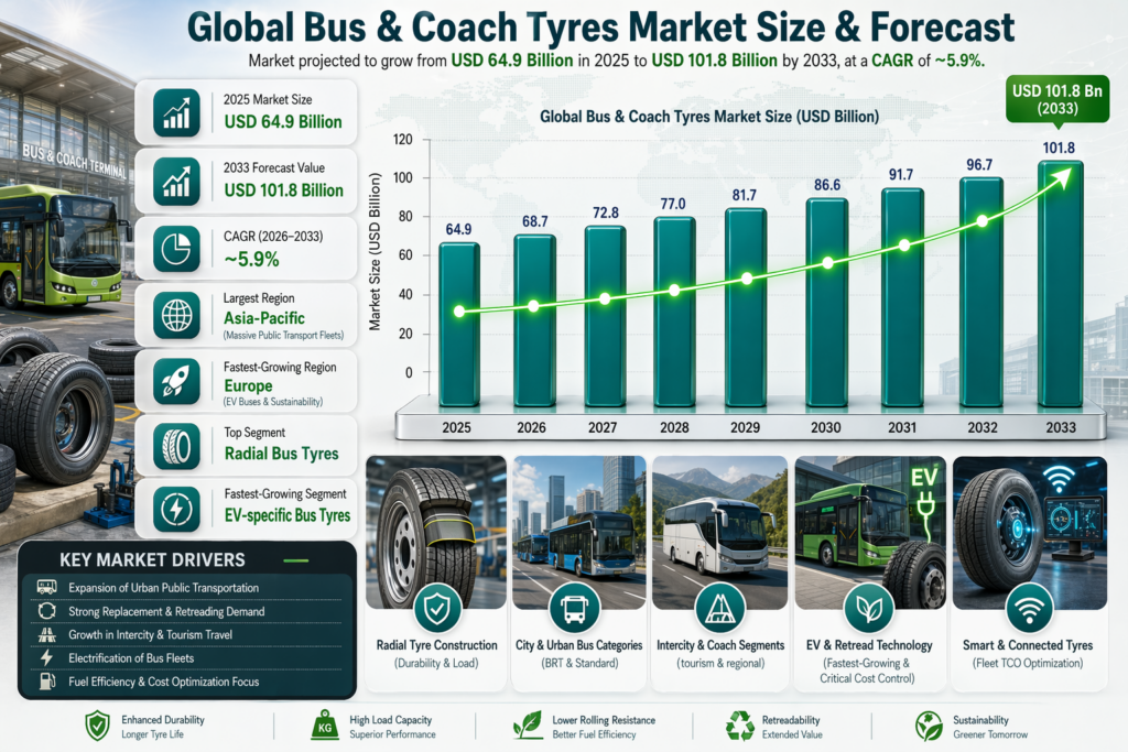 The Global Bus & Coach Tyres Market is all about tyres for buses and coaches that carry tons of people .
