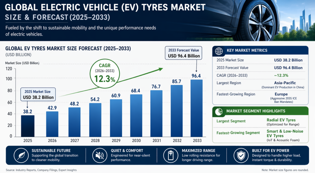 The Global Electric Vehicle (EV) Tyres Market is all about tyres made just for electric cars, SUVs, vans, and commercial EVs .