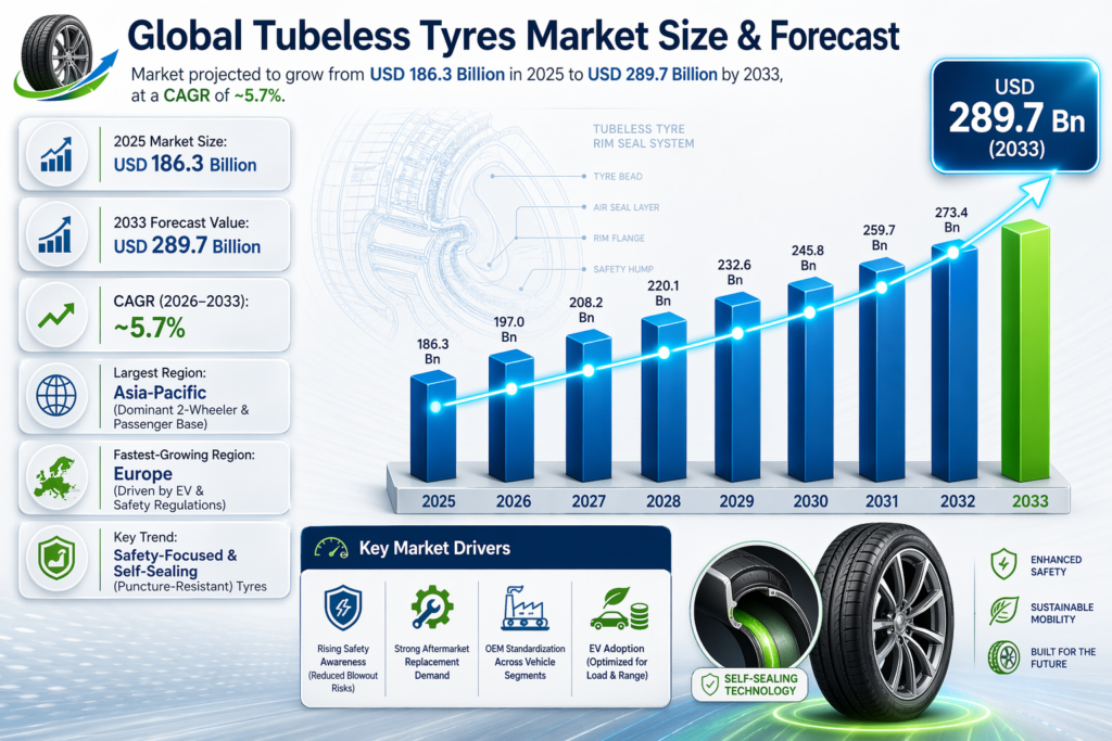 The Global Tubeless Tyres Market is all about tyres that don’t need an inner tube—they seal airtight with the rim.