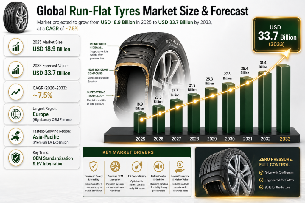 The Global Run-Flat Tyres Market is all about tyres that keep you rolling even after a puncture—no need to stop and change it right away .