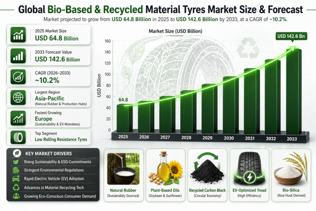 The Global Bio-Based & Recycled Material Tyres Market is all about making tyres from renewable and recycled stuff like natural rubber, plant oils, and reclaimed carbon black .