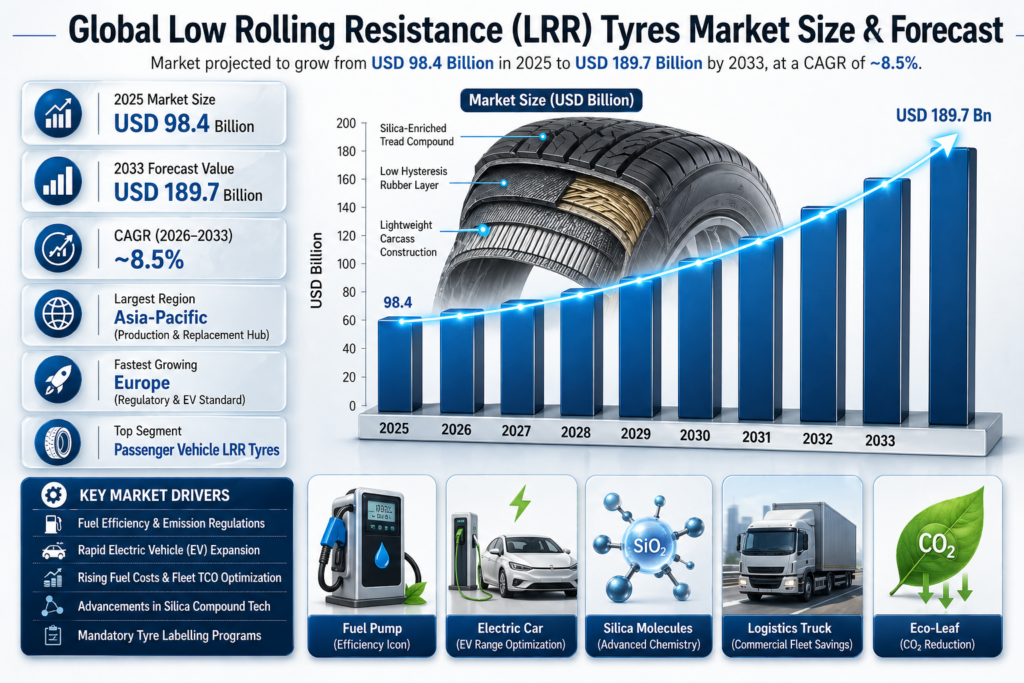 The Global Low Rolling Resistance (LRR) Tyres Market is all about boosting fuel efficiency, cutting emissions, and helping EVs go farther on a single charge .