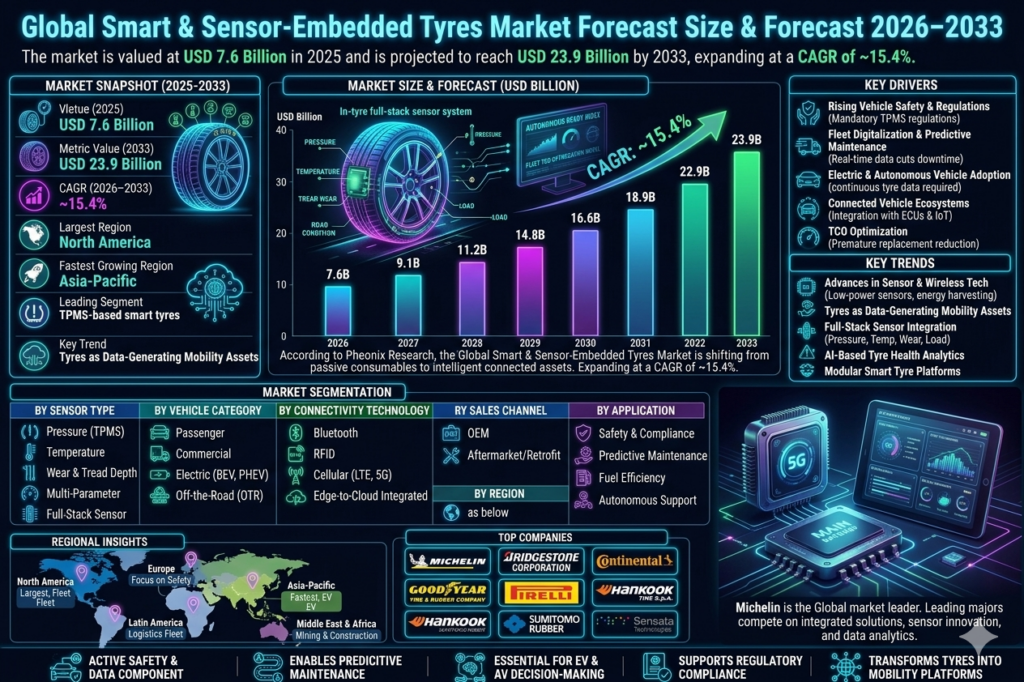 The Global Smart & Sensor-Embedded Tyres Market is all about tyres with built-in sensors that track pressure, temperature, tread wear, load, vibration and even road conditions in real time .