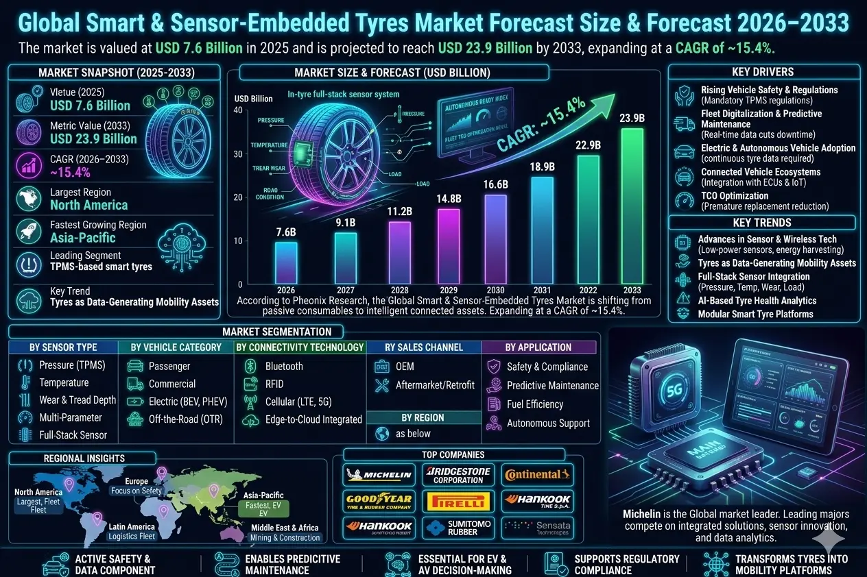 The Global Smart & Sensor-Embedded Tyres Market is all about tyres with built-in sensors that track pressure, temperature, tread wear, load, vibration and even road conditions in real time .