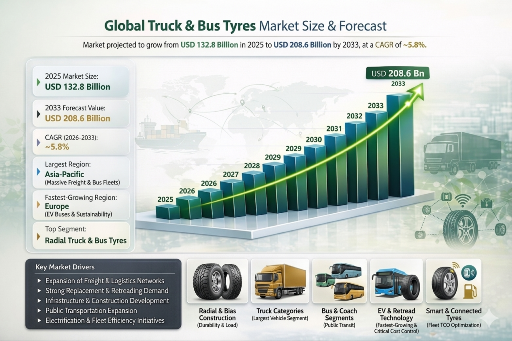The Global Truck & Bus Tyres Market covers tyres used in medium-duty and heavy-duty trucks, buses, coaches, and long-haul commercial vehicles that support freight transportation, public transit, construction, mining, and logistics operations.
