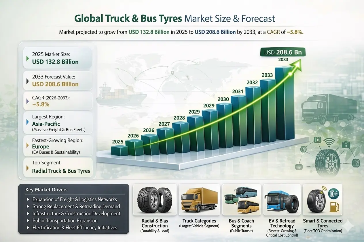 The Global Truck & Bus Tyres Market covers tyres used in medium-duty and heavy-duty trucks, buses, coaches, and long-haul commercial vehicles that support freight transportation, public transit, construction, mining, and logistics operations.