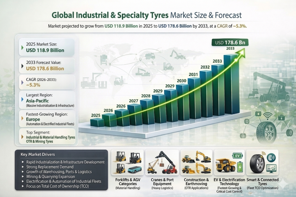 The Global Industrial & Specialty Tyres Market makes tyres for tough, non-road vehicles like forklifts, cranes, loaders, and port equipment .