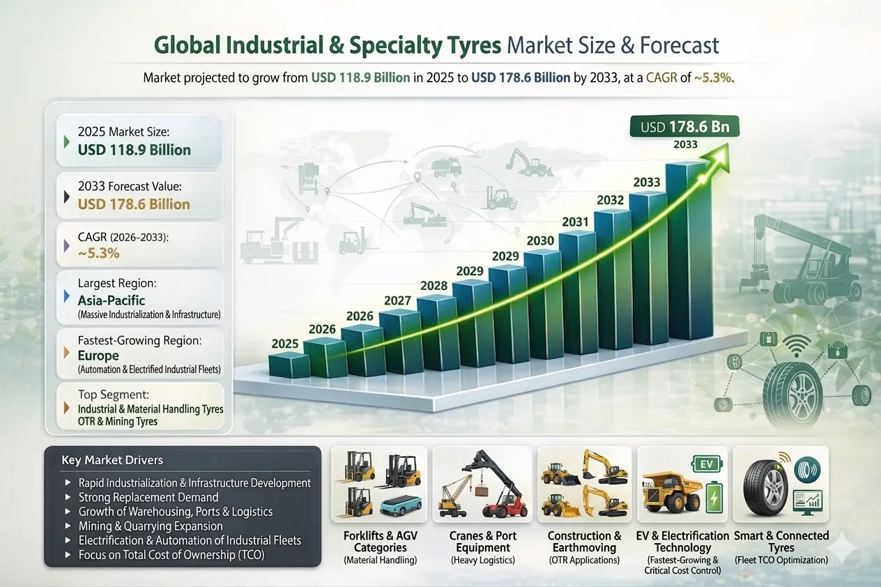 The Global Industrial & Specialty Tyres Market makes tyres for tough, non-road vehicles like forklifts, cranes, loaders, and port equipment .