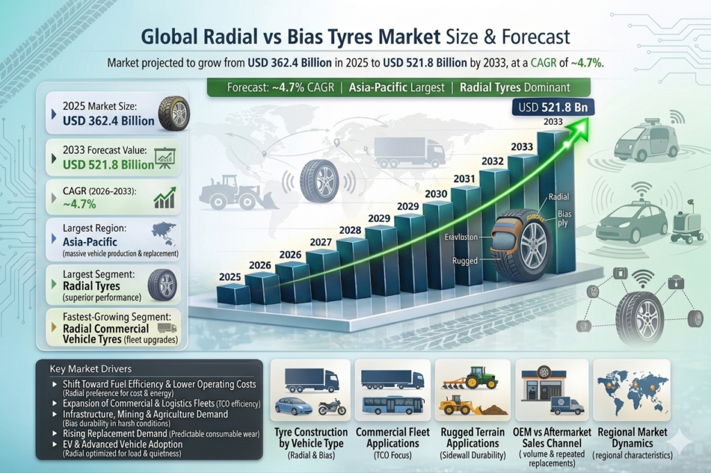 The Global Radial vs Bias Tyres Market breaks down tyres by how they’re built — radial or bias (cross-ply) — and each has its own vibe.