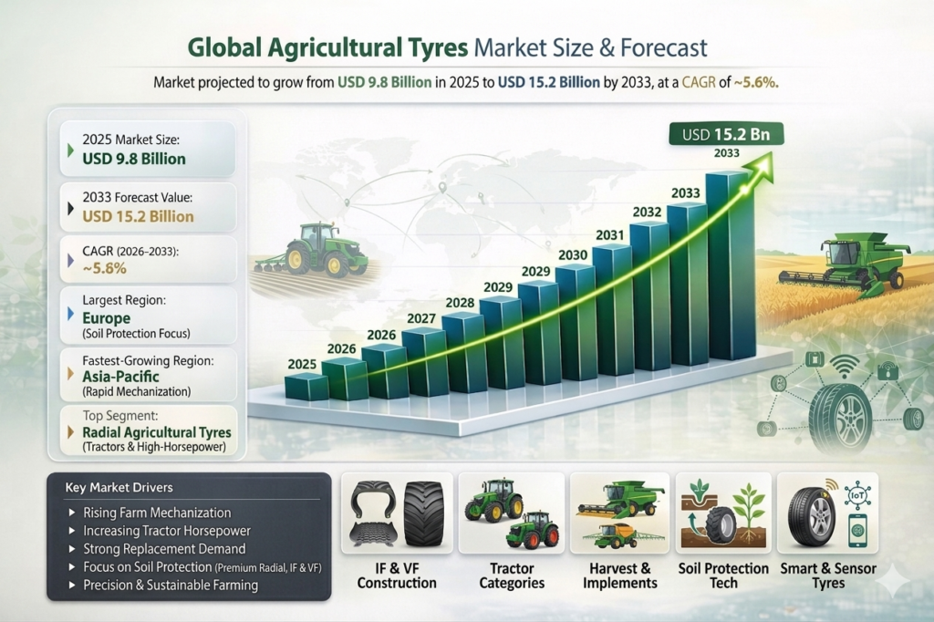 The Global Agricultural Tyres Market is all about tyres built for tough farm life . They go on tractors, harvesters, sprayers, and other equipment, handling heavy loads and soft, uneven fields .