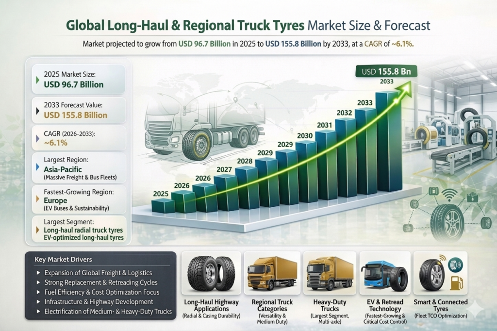 The Global Long-Haul & Regional Truck Tyres Market is all about tyres built for heavy-duty trucks that cover long distances .
