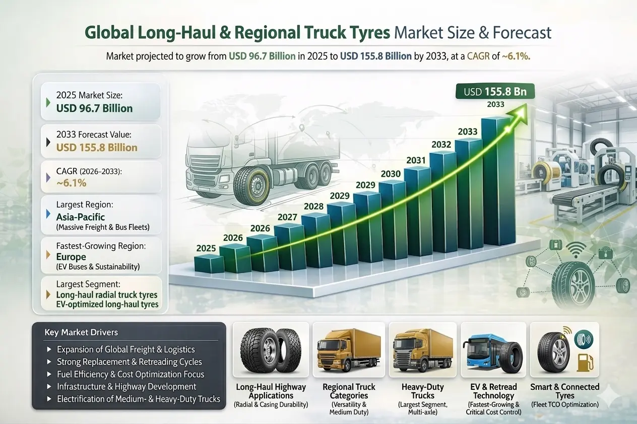 The Global Long-Haul & Regional Truck Tyres Market is all about tyres built for heavy-duty trucks that cover long distances .
