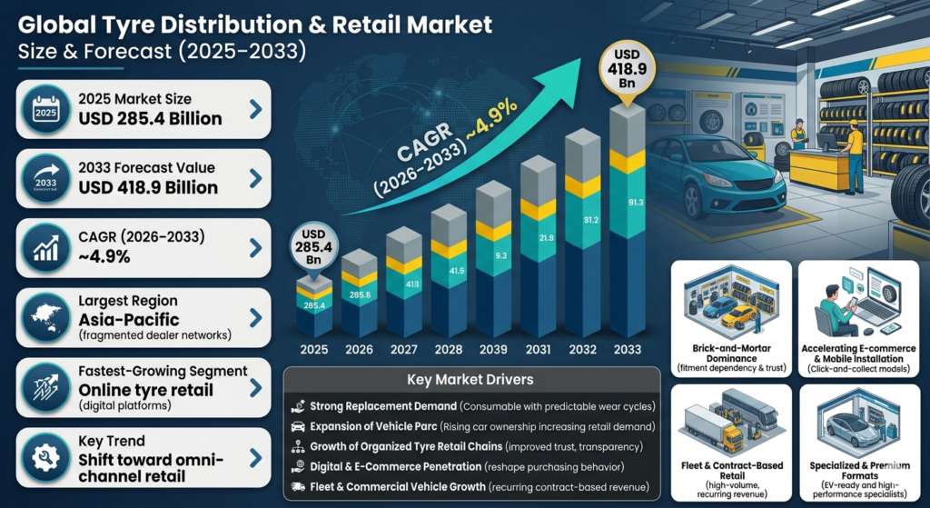 The Global Tyre Distribution & Retail Market is basically how tyres get from factories to you—through shops, dealers, online stores, and fleet services .