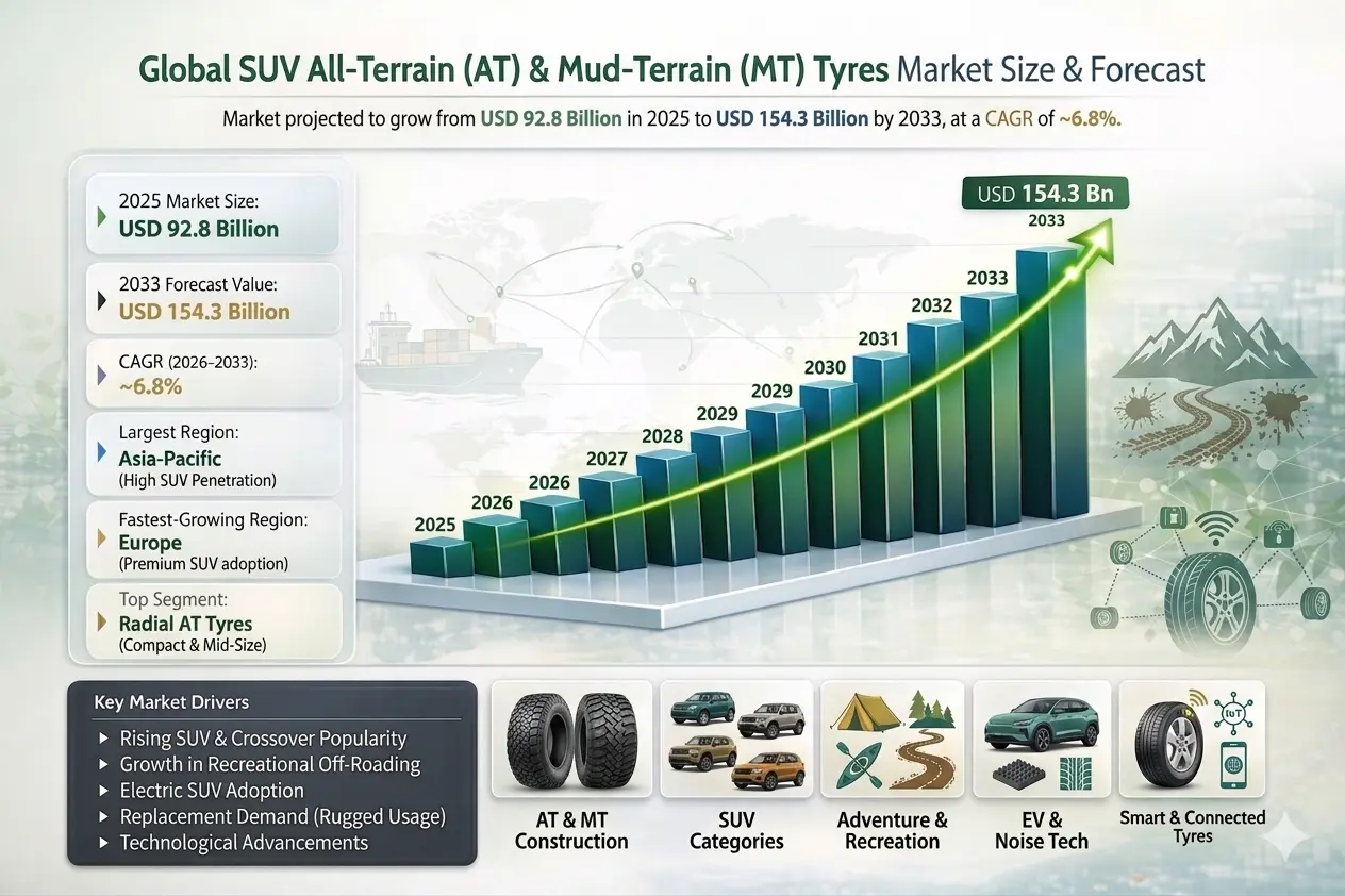 The Global SUV All-Terrain (AT) & Mud-Terrain (MT) Tyres Market is all about tyres for off-road adventures .