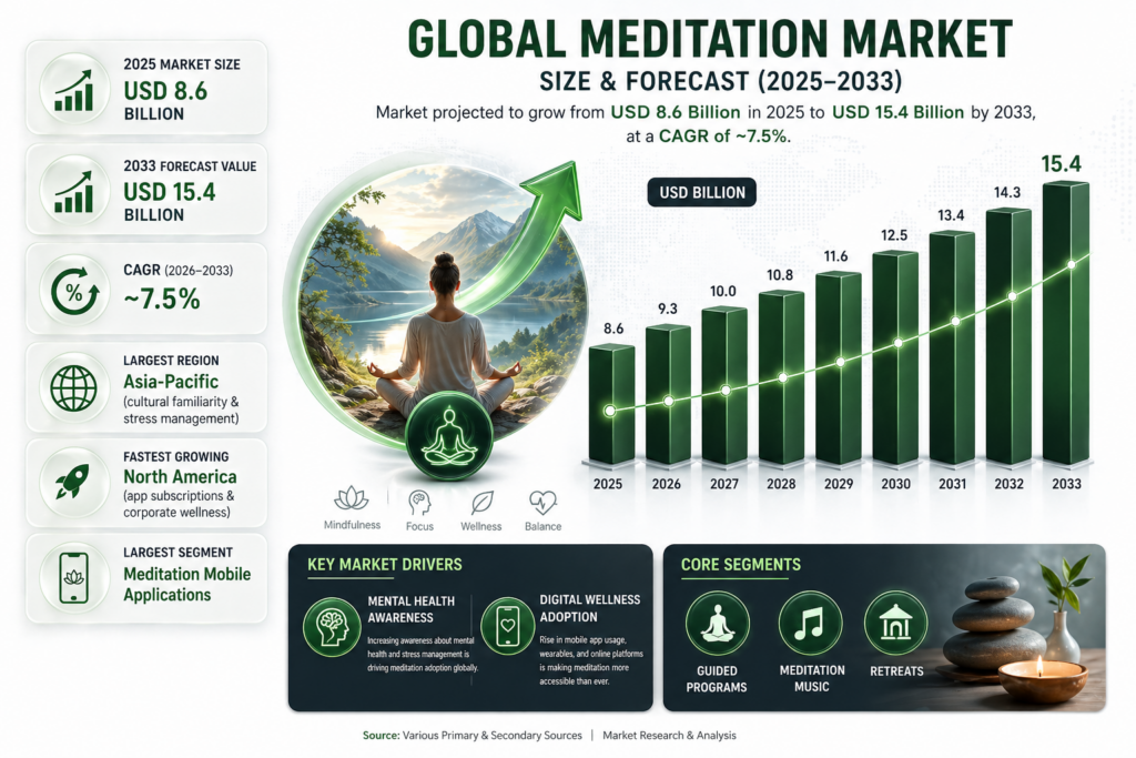 The Global Meditation Market  is booming. It is now a big part of how people manage stress, anxiety, and sleep issues.