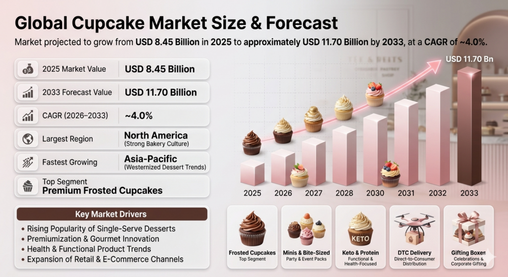 The Global Cupcake Market is huge.You get classic ones, fancy frosted ones, filled ones, tiny cute ones, and even healthier versions.